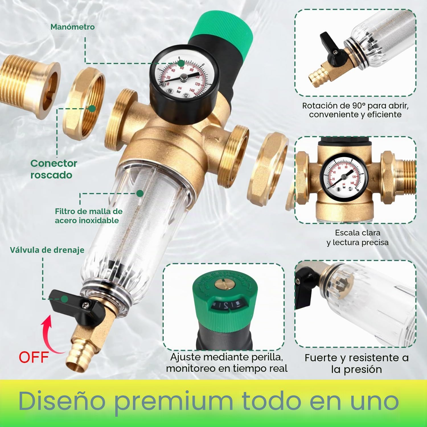 Reductor de Presion de Agua 3/4 Pulgadas con Filtro Aire Compresor Incorporado y Manometro Presion Agua Adecuado para Purificadores de Agua, Lavadoras Manometro Piscina y Grifos