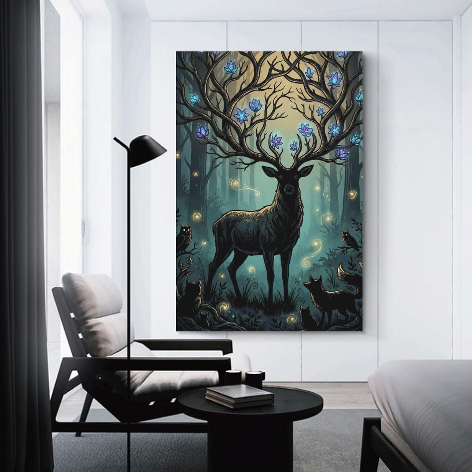 Junmoney Enchanted Forest Stag with Glowing Flowers Home Decor Wall Art 08x12inch(20x30cm), for Home, Office, Studio Or Guest Room, Canvas Wall Art That Fits Changing Layouts