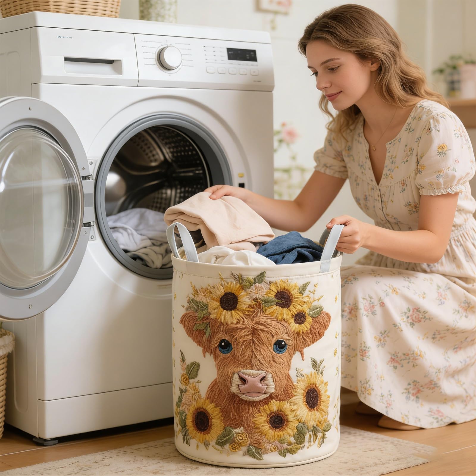 Wäschekorb Mit Henkel,3D-Stickerei Wäschekörbe Faltbar,Großes Fassungsvermögen Laundry Baskets,Stoff Wäschesammler Korb Für Aufbewahrung Von Kleidung,Geschenken Und Spielzeug(50x71CM)