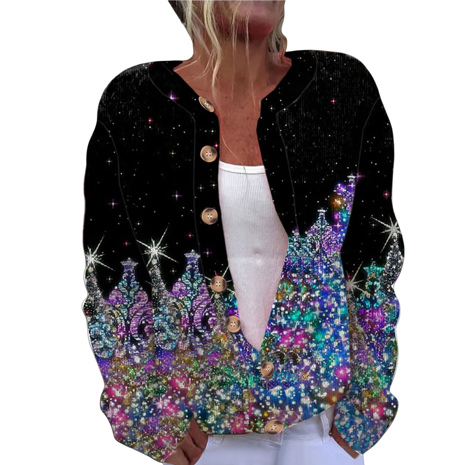 Christmas Sweater for Women Cute Funny Xmas Open Front Button Down Sweater Cardigans Fall Winter Long Sleeves Knitted Coat