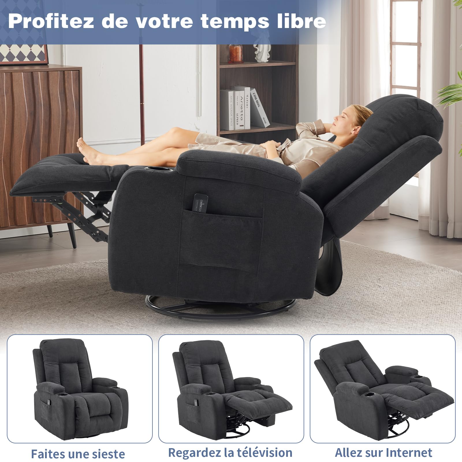 LEADZM Fauteuil Relax avec Fonction électrique Massage,avec 360° Chaleu et Tourner Réglage Manuel de Inclinaison Fauteuil Relaxant avec Repose-Pied,Télécommandes,Noir