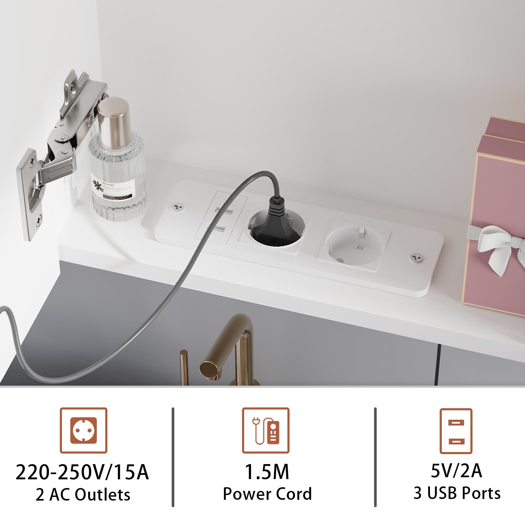 Armario Baño con Espejo LED iluminación y Función de desempañadora Armario Baño Espejo de Pared con Enchufe, 3 Compartimentos Grandes y Soporte para secador de Pelo, 100x65x16 cm