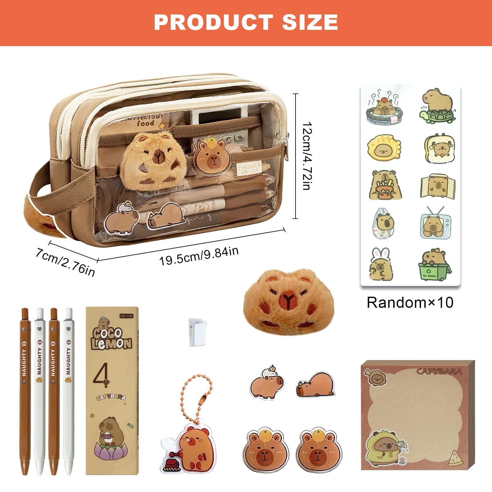 Trousse Capybara Ensemble Papeterie avec Stylo Autocollants Pins Porte-clés Blocs-Notes Grande Capacité Cadeau Fille Garçon