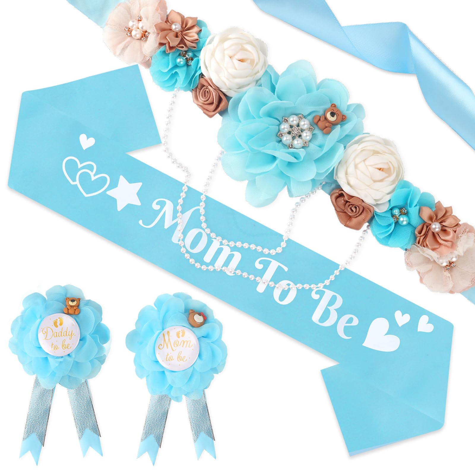 On-Airstore Mom to be Sash for Baby Shower Party Favors Decorations Bear Blue Flower Maternity Sash Baby Shower Dress for Mommy and Daddy to be