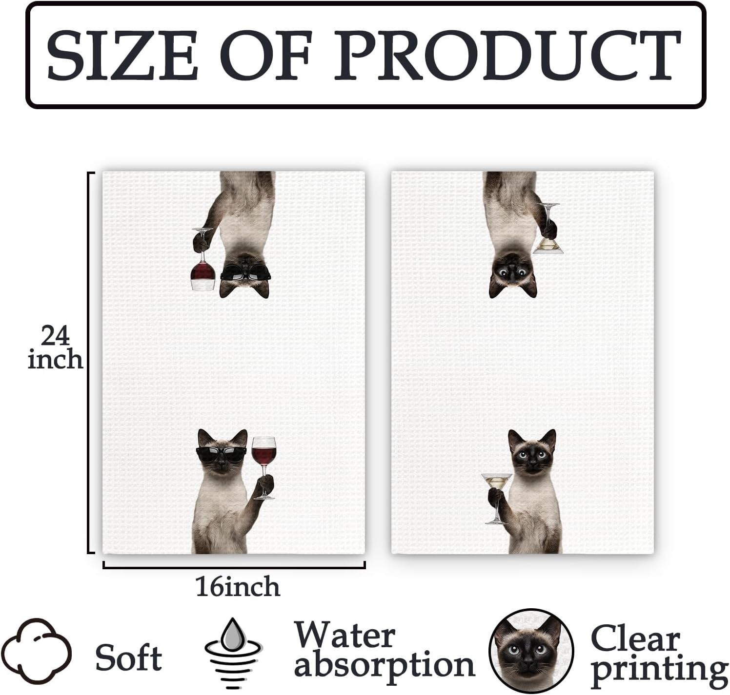 Siamese Cat Gifts Wine Kitchen Towels Set of 2, Funny Cats Martini Lover Decorative Hand Dish Towel for Kitchen Home Bar, Gift for Siamese Cat Martini Wine Lovers Home Bar Decor(16x24Inch)