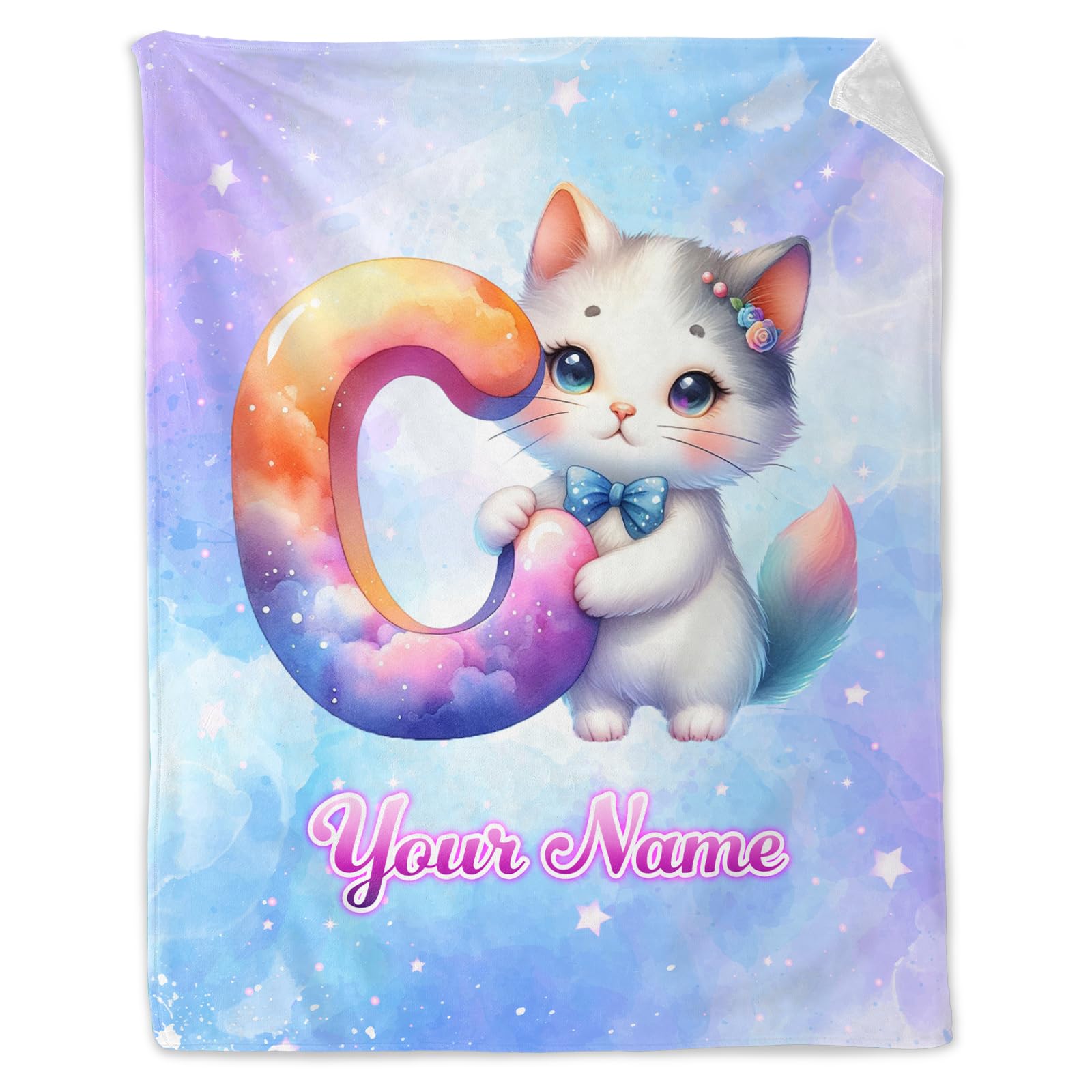 Custom Cat Blanket for Kids - 30"x40" Inches Cute Cat Throw Blanket for Girls Boys - Blue Soft Lightweight Blankets for Sofa, Lap & Office