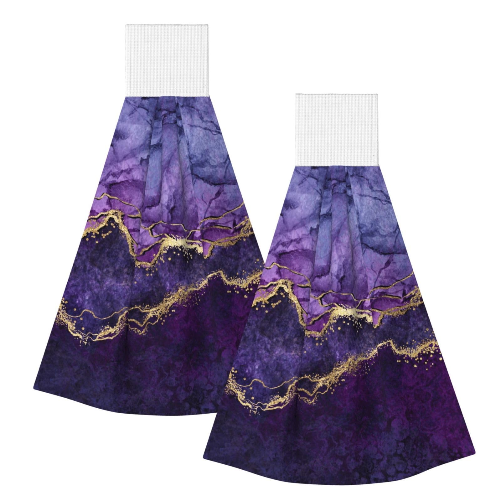 DOPKLNA Abstract Purple Gold Marble, 2 Pcs Hanging Coral Fiber Hand Towels for Bathroom, Absorbent Kitchen Towels
