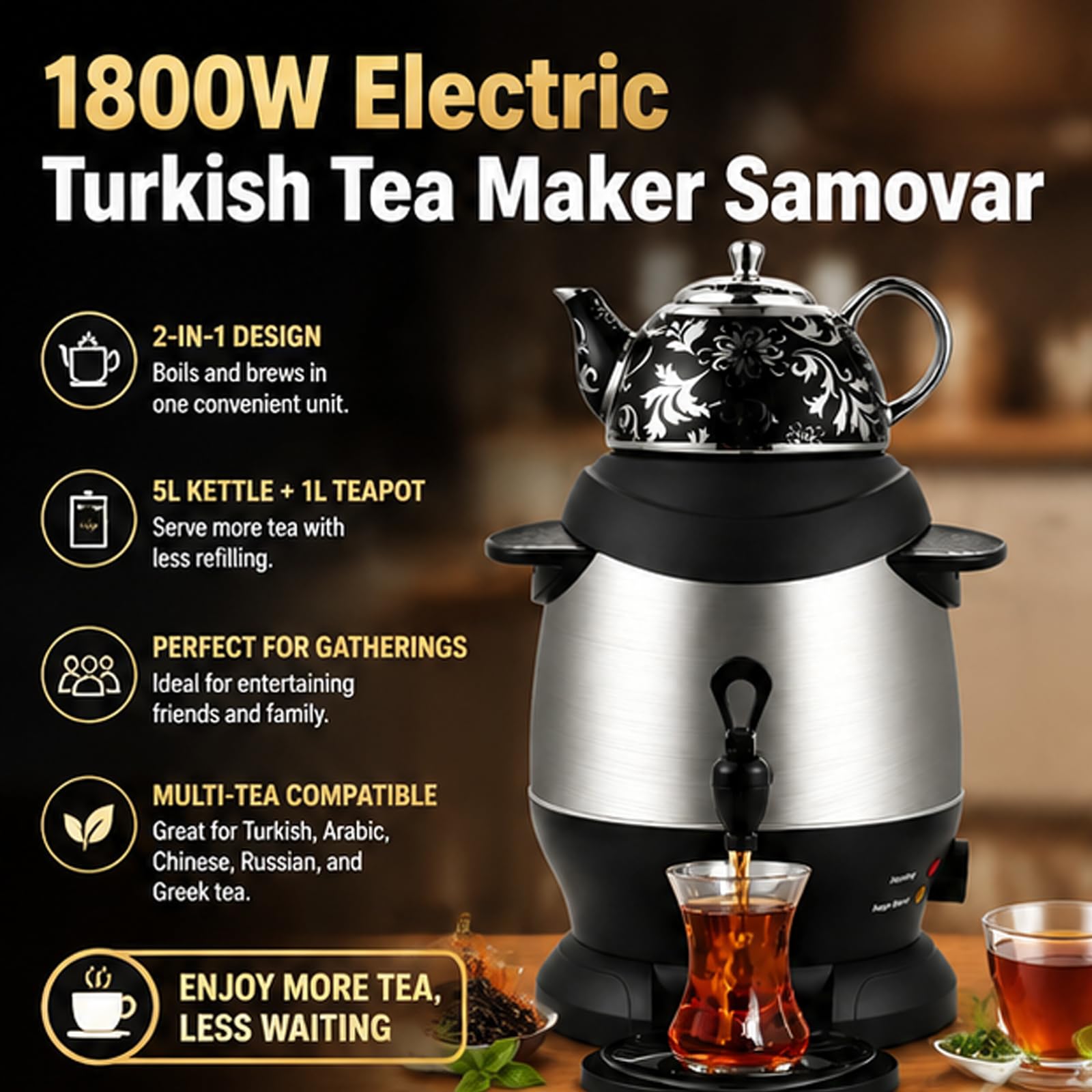 Elektryczny zestaw do parzenia herbaty tureckiej o mocy 1800 W Samowar, czajnik ze stali nierdzewnej 5 l i dzbanek ceramiczny o pojemności 1 l, funkcja utrzymywania ciepła, do herbaty pachnącej kawą