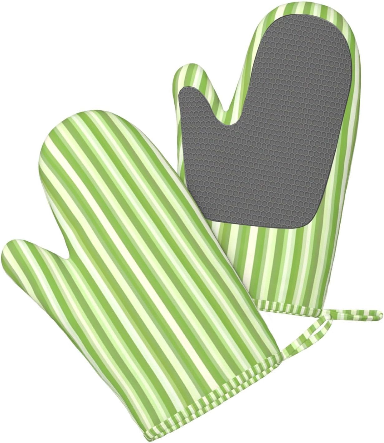 Classic Green Striped Oven Mitts and Pot Holders Set of 4 Heat Resistant Kitchen Gloves with Silicone Palm Hot Pads for Baking Cooking Grilling BBQ