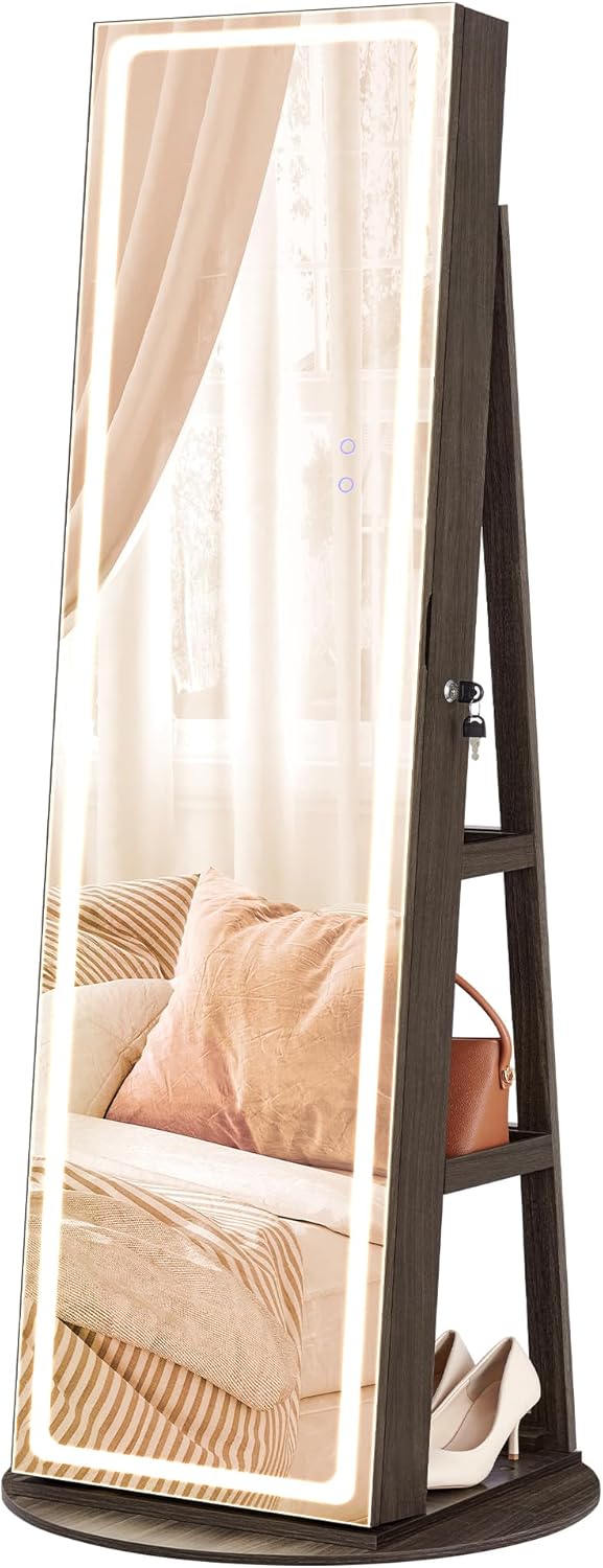 songmics led jewelry cabinet standing, lockable armoire with full-length mirror and adjustable lights, space-saving organizer, christmas gifts for women, gift idea, ash brown ujjc008k02