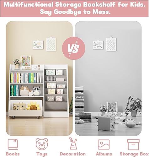 Miniatura 6 de COZPAW Estantería para niños y almacenamiento de juguetes, estantería para niños pequeños de 4 niveles con cajón móvil, 5 bolsillos de eslinga,