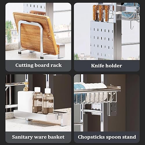 Miniatura 8 de LONONE Escurridor de platos para colocar sobre el fregadero, escurridor de platos grande ajustable para encimera de cocina, acero inoxidable 304, 2