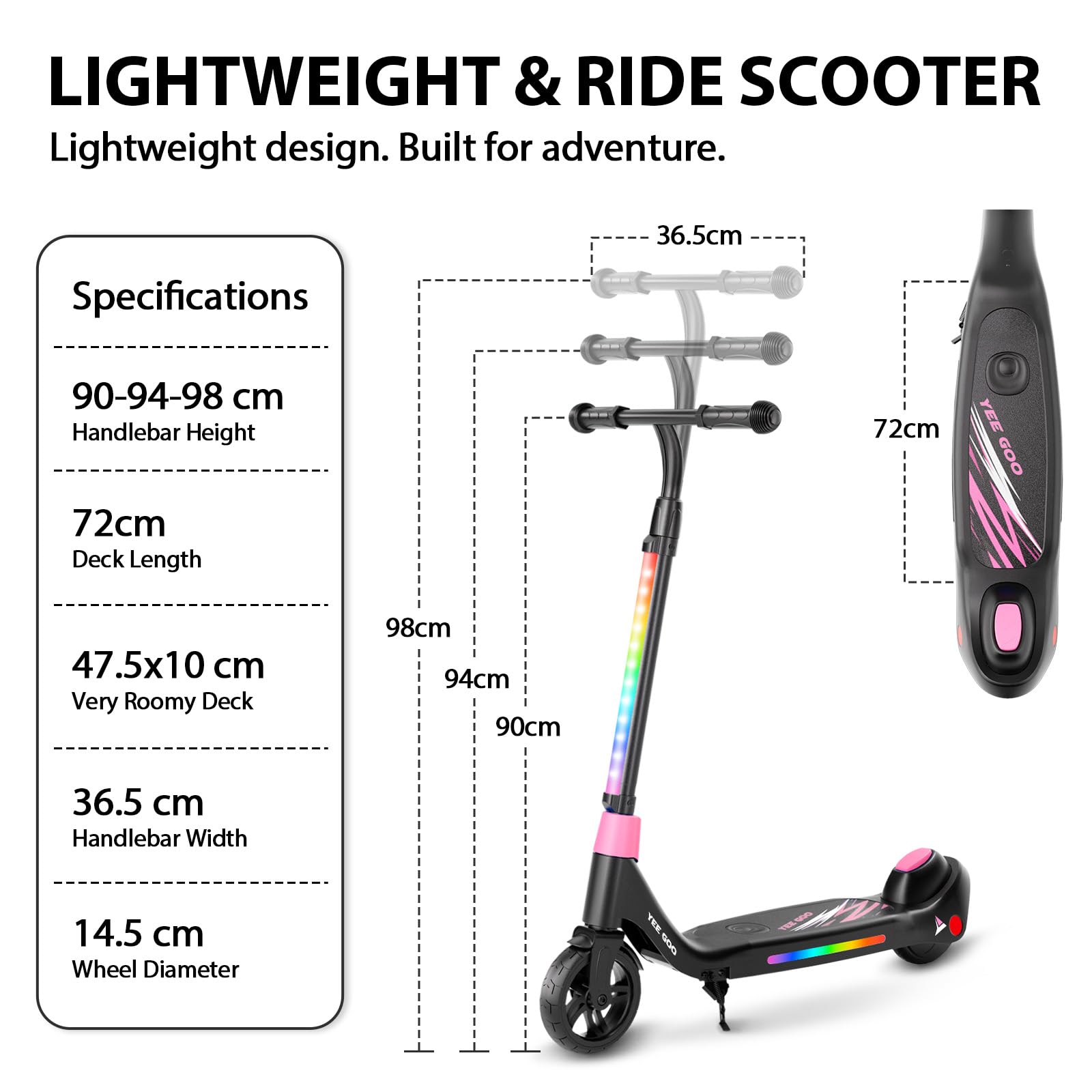 Trottinette Electrique Enfant - pour Enfants 5-12 | Max 8 km/h - Réglable en Hauteur | Commande à pédale | Lumières LED Colorées | Frein à Pied | Légère.