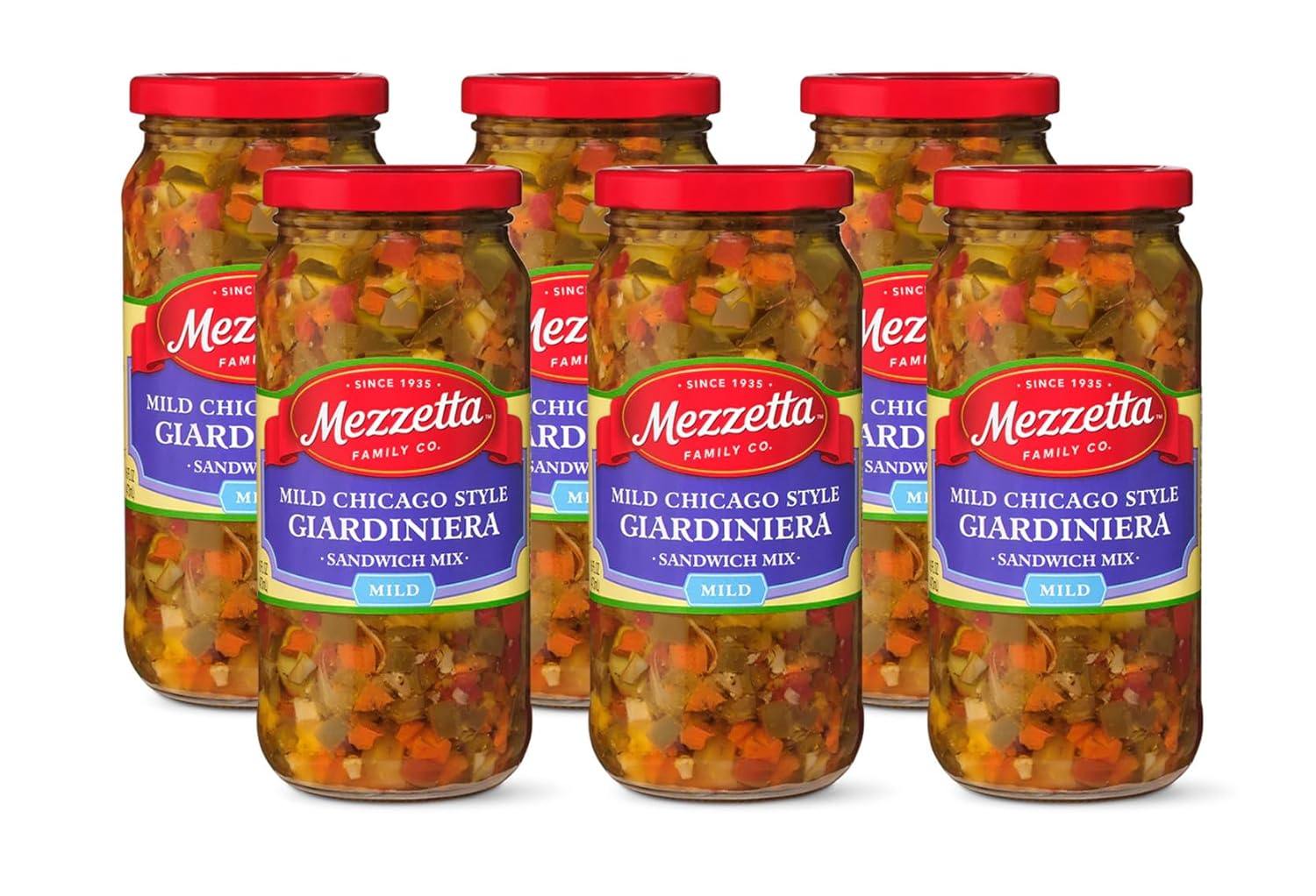 Mezzetta Mild Giardiniera Chicago Style - Pickled Veggies for Italian Beef Sandwiches & Antipasto - Carrots, Celery, Cauliflower, Olives - Crisp & Tangy - Perfect Appetizer - 16 Oz Jar - Pack of 6