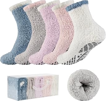 Bulinlulu Fuzzy Socks With Grips for Women, 5 Pairs Non Slip Sleep Warm Fluffy Slipper Socks Gifts for Women