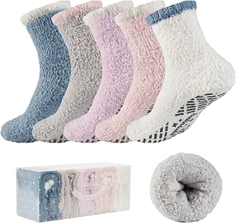 Bulinlulu Fuzzy Socks with Grips for Women, 5 Pairs