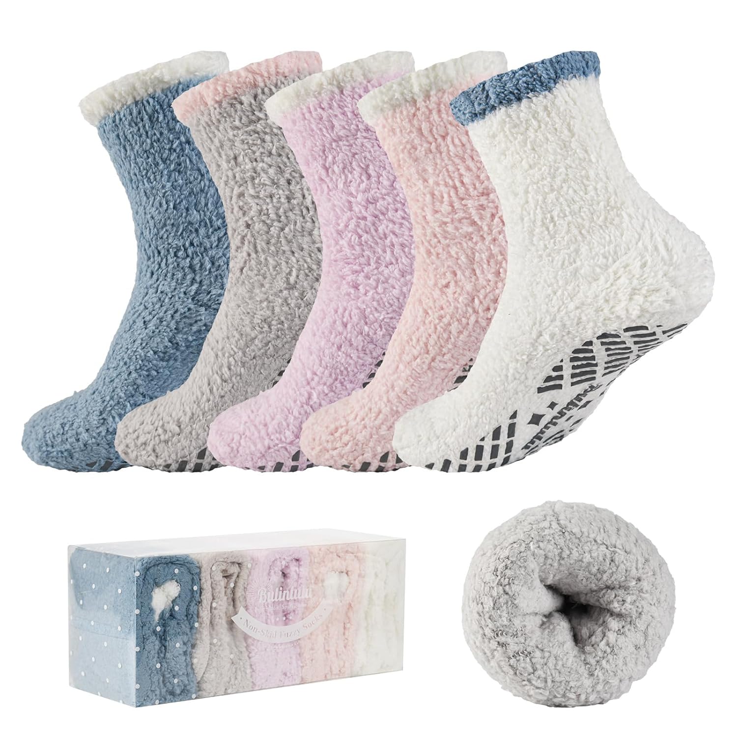 Bulinlulu Fuzzy Socks With Grips for Women 5-Pairs Non Slip Sleep Warm Fluffy Slipper Socks Mothers Day Gifts