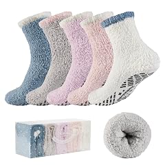 Bulinlulu Fuzzy Socks With Grips for Women 5-Pairs Non Slip Sleep Warm Fluffy Slipper Socks Mothers Day Gifts