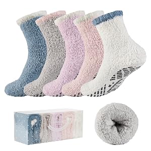 Bulinlulu Fuzzy Socks With Grips for Women 5-Pairs Non Slip Sleep Warm Fluffy Slipper Socks Mothers Day Gifts