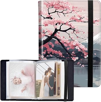 Photo Album 4x6 Photos - 120 Photos PU Leather Cover with Strong Elastic Band, Small Photo Pictures Album Birthday Christmas Photo Albums Family Wedding, Cherry Blossoms Tree