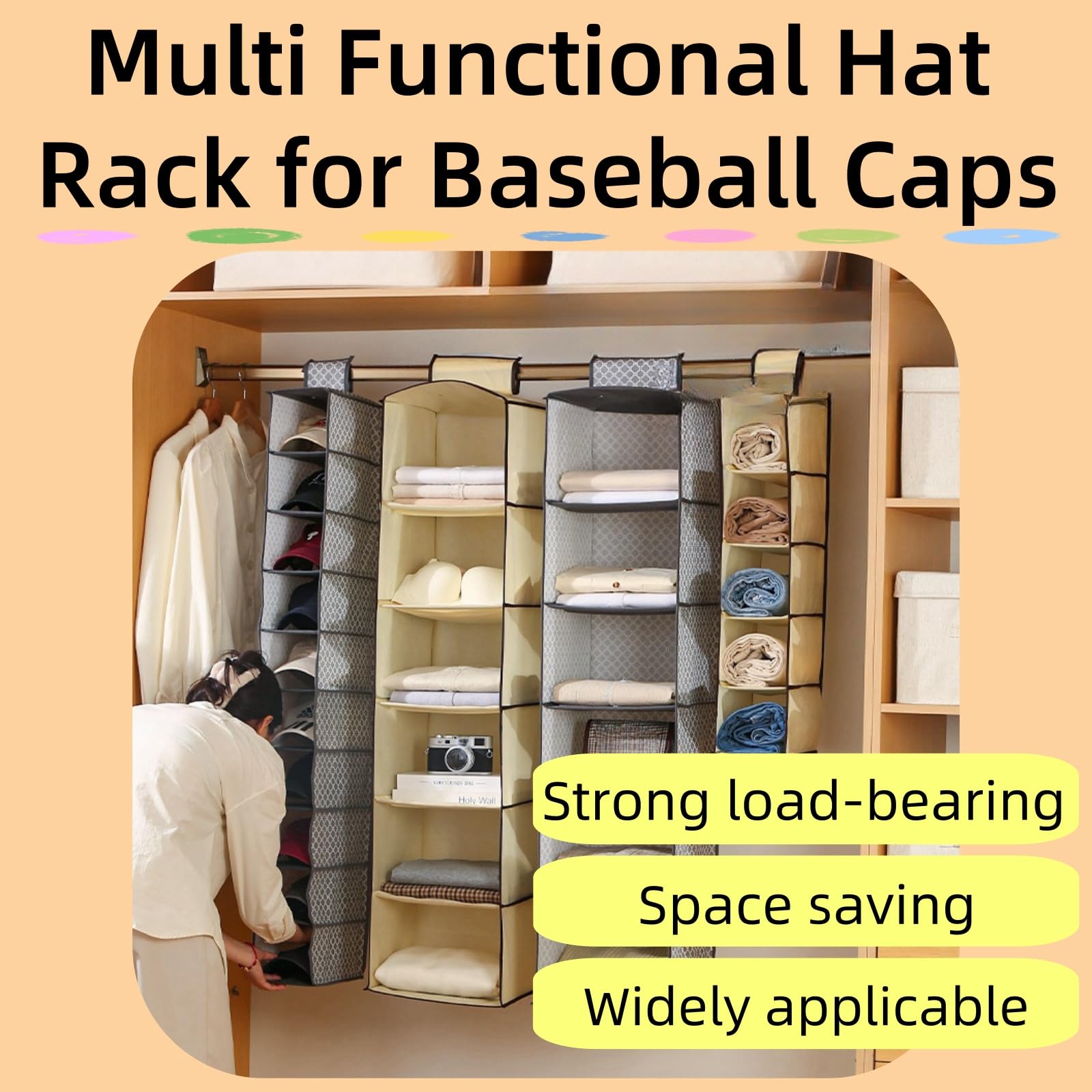 Hat Rack for Baseball Caps Hat Organizer Holder for Hanger & Room Closet Display, 10 Hat Storage Clips for Hang Ball Caps Winter Beanie & Accessories, for Men, Women Gift. (Dark gray,6 grids)