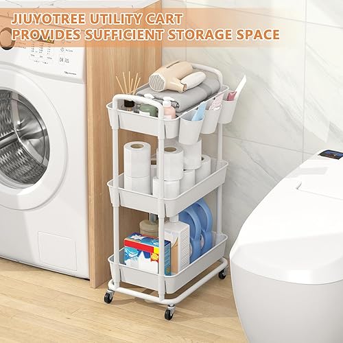 Miniatura 5 de JIUYOTREE Carrito de almacenamiento de plástico de 3 niveles con asas de tazas colgantes adicionales, ruedas bloqueables para sala de estar, baño,