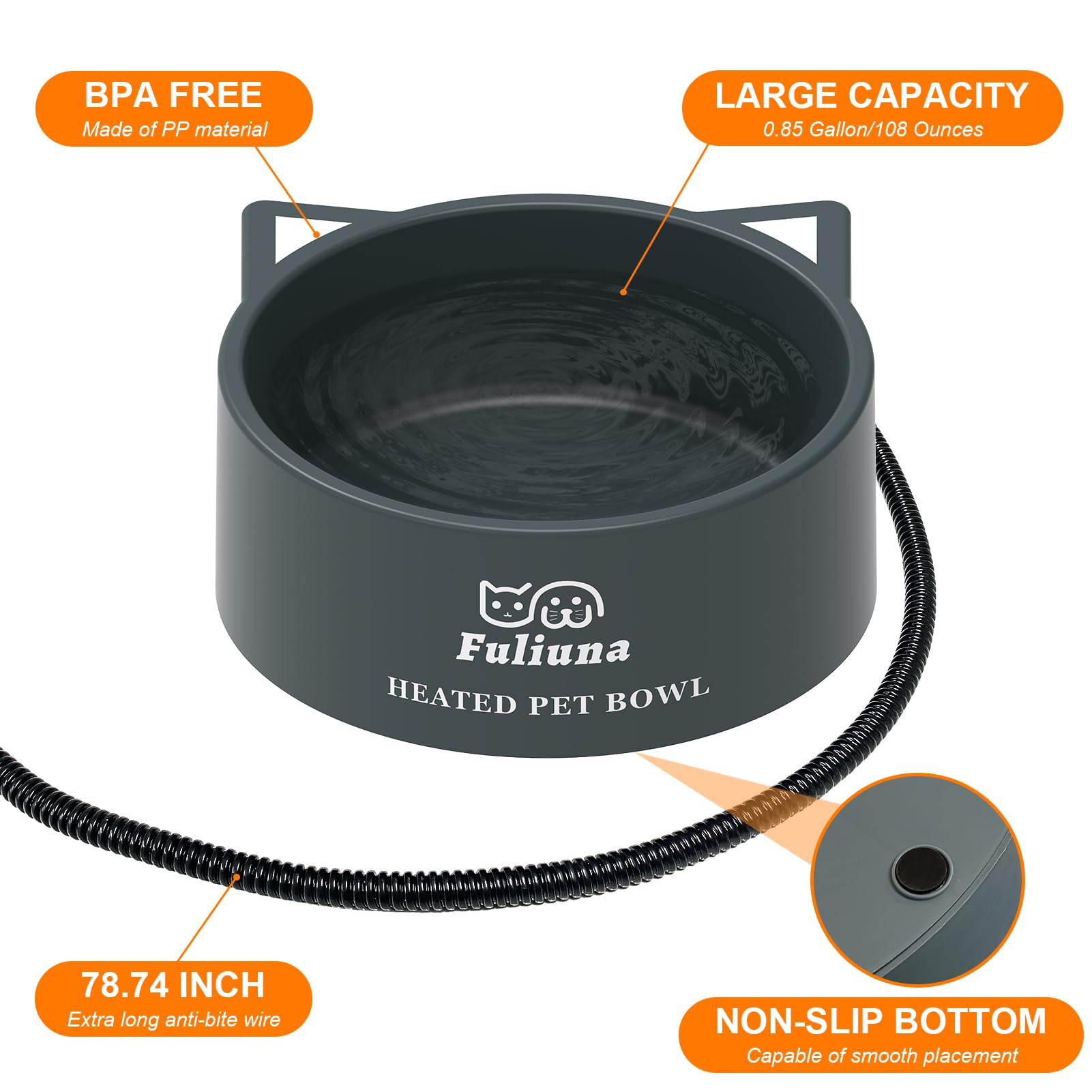 Fuliuna Large Heated Water Bowl, Outdoor Heated Dog Bowl with Chew