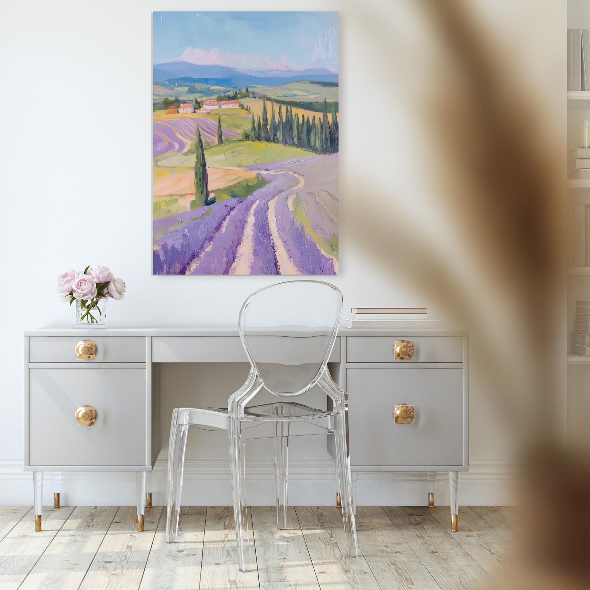 STYLER Leinwandbild Purple Fields 70 x 100 cm I Lavendelfeld bei Sonnenuntergang I Wandbild modern I Druck auf Leinwand mit Keilrahmen