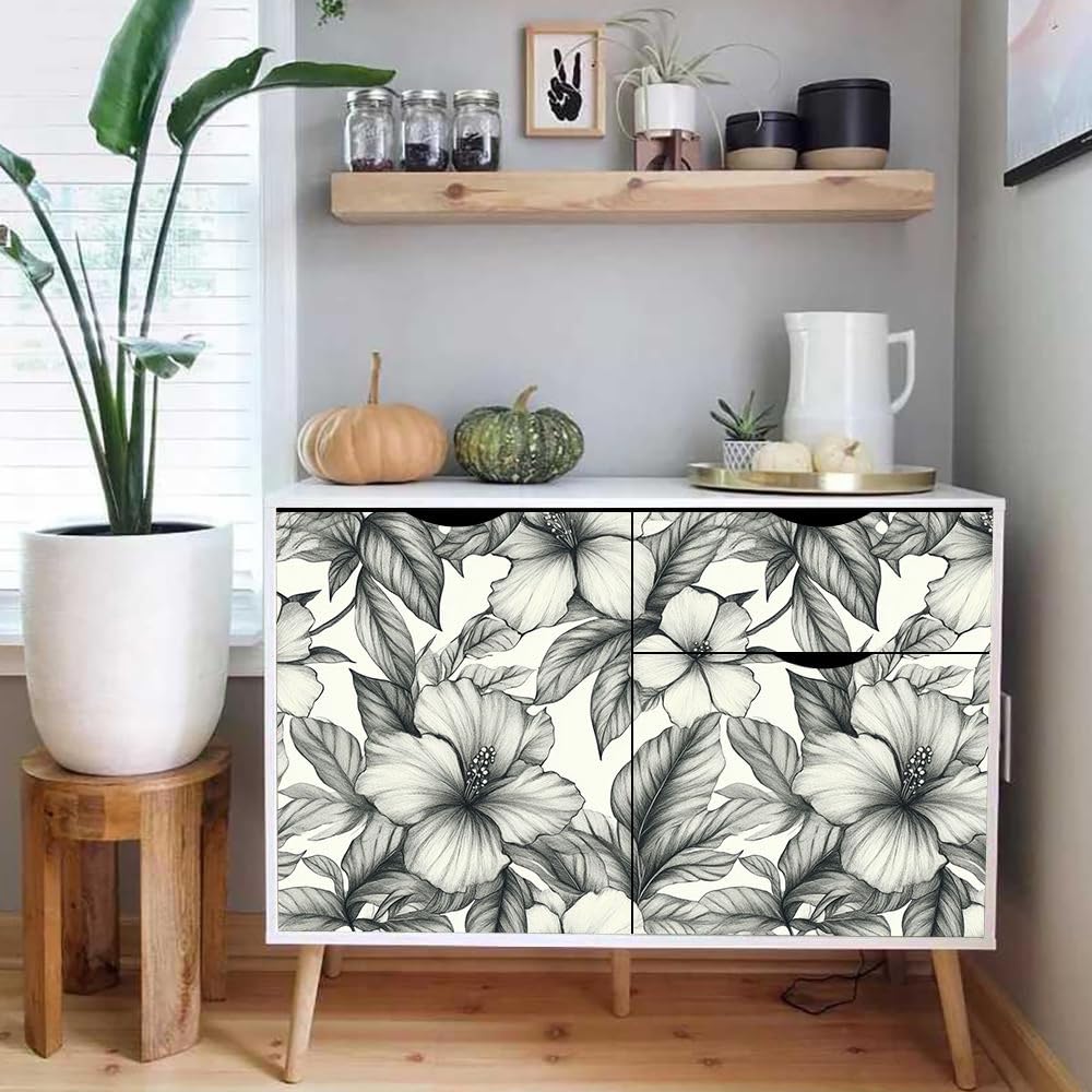Papel pintado autoadhesivo Floral en blanco y negro Papel tapiz adhesivo Flor retro Plástico adhesivo impermeable para la parte posterior de la sala de estar el dormitorio los muebles el vinilo para