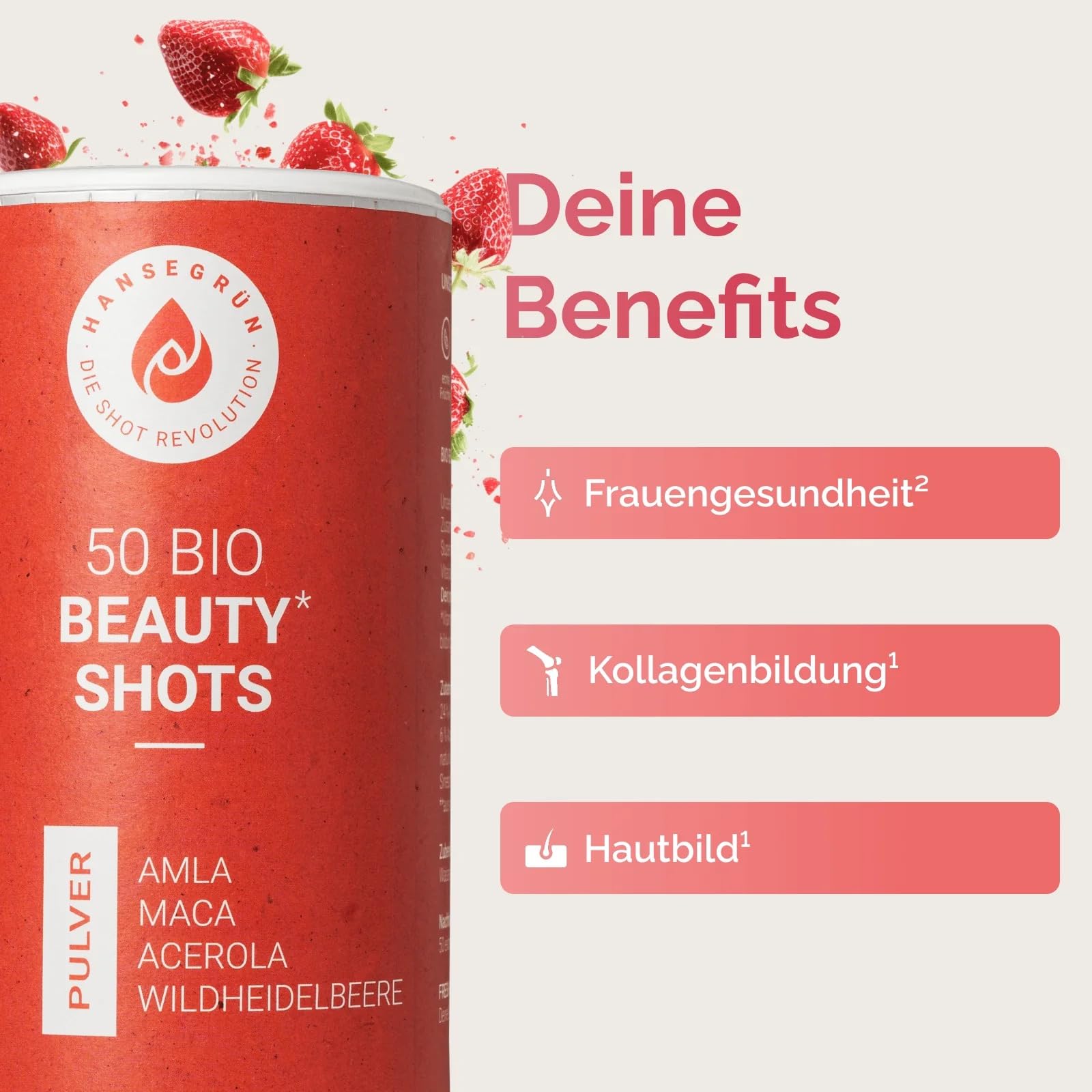Hansegrün - 2x Bio Frauen Beauty¹ Shots (100 Stk.) - Superfood-Pulver für Frauengesundheit² & Kollagenbildung¹  - Amla-Fruchtfleisch, Maca & Acerola - 100% echte Zutaten zur täglichen Zubereitung