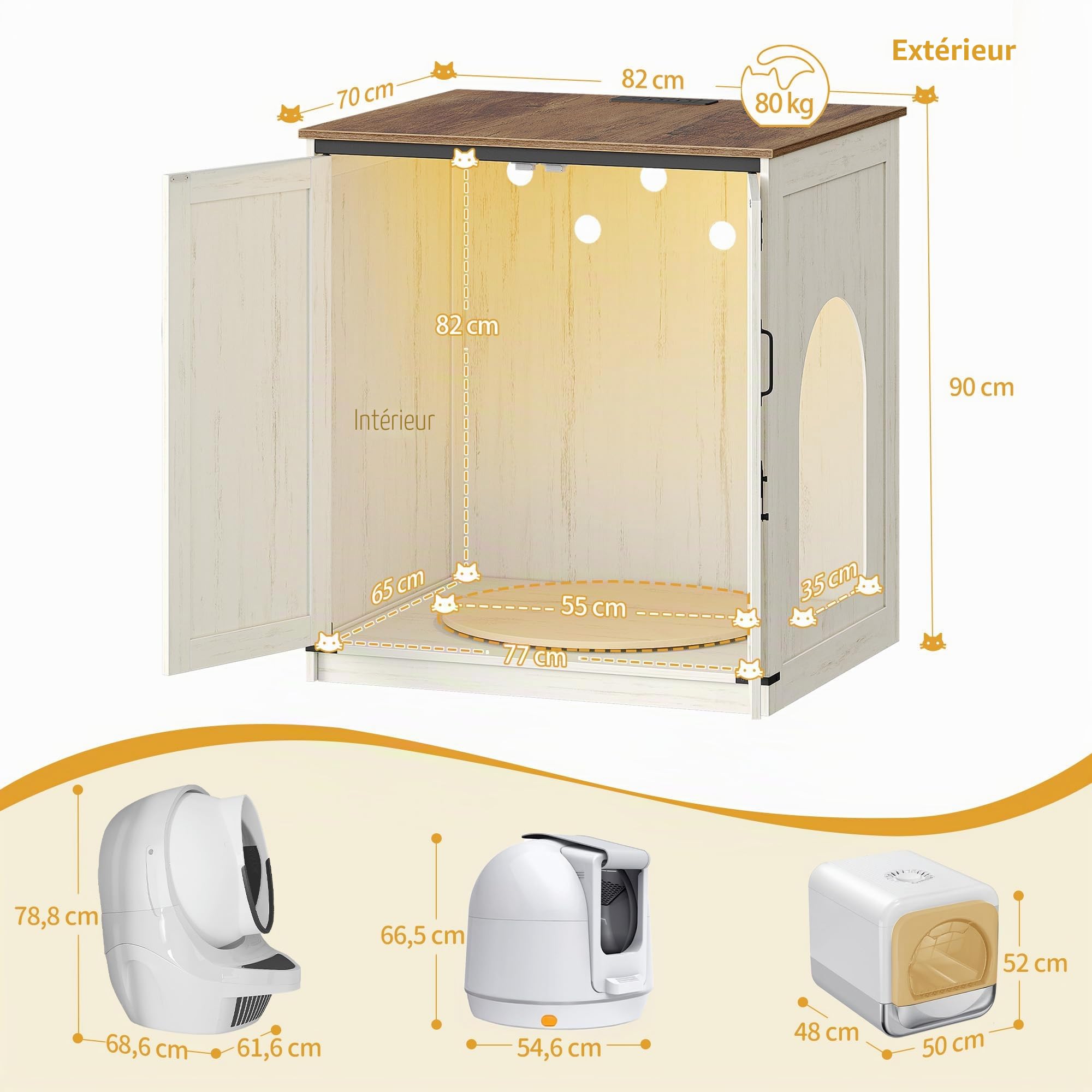 Hzuaneri Meuble Litiere Chat, 82 × 70 × 90 cm, Maison de Toilette Chat Dissimulant, Prise Électrique et Serrure, Convient aux Bacs Litiere Chat Autonettoyante, Marron Rustique et Blanc CB86114XEU