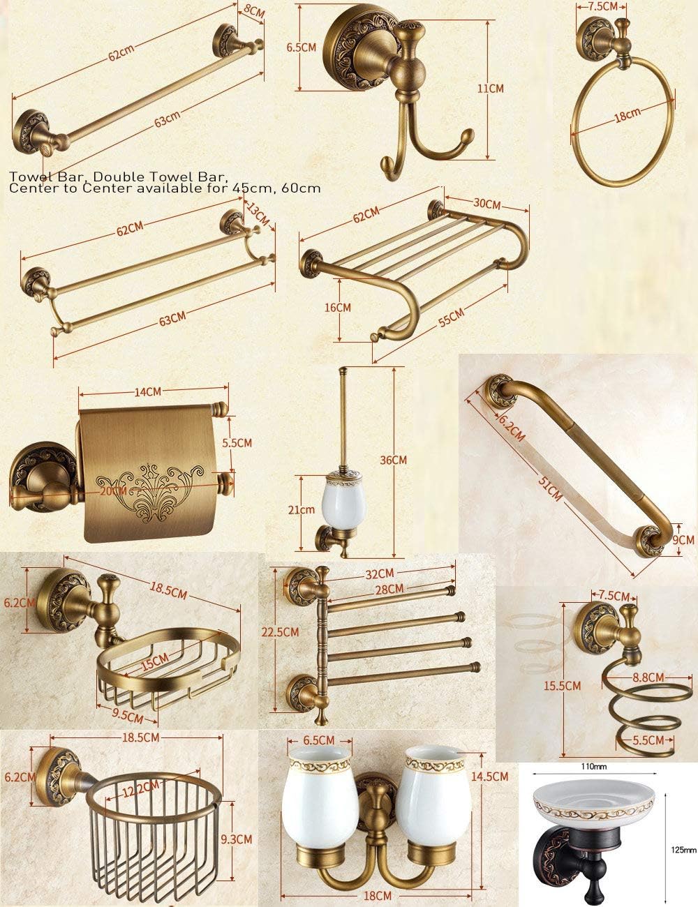 Bathroom Accessories Set Antique Brass Collection Carved Bathroom Products Wall Mounted Brass Bathroom Hardware Set,Towel Ring