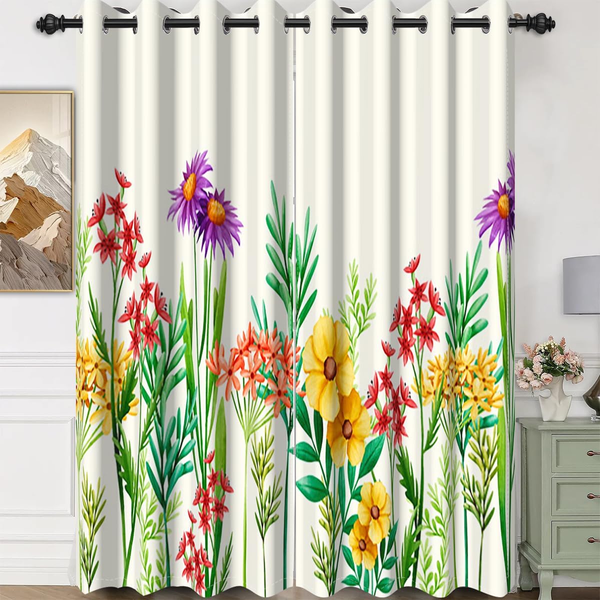 21x45 Inch Flower Blackout Curtains Lush Greenery Spring Leaves Plants Colorful Floral Wall Natural Landscape for Living Room Bedroom Window Drapes, 2 Panels Home Set with Holes