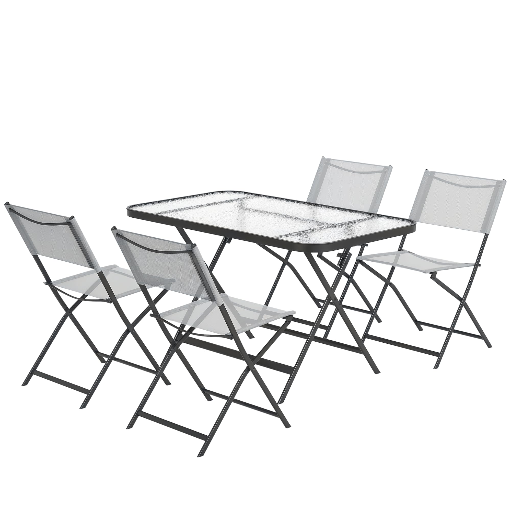 Outsunny Conjunto de Jardín Conjunto de Comedor de Exterior de 5 Piezas Incluye 1 Mesa de Vidrio Templado y 4 Sillas Plegables Estilo Moderno para Terraza Patio Gris