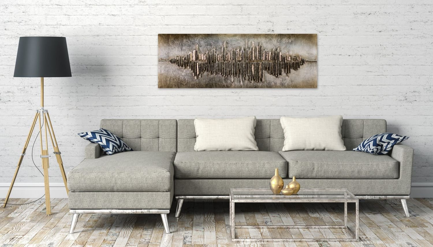 KunstLoft Wanddeko Holz rustikal | 100% HANDGEFERTIGT | 144x44x7.5cm | Holzbild 'Frequency 1000' | Abstrakt | Gold Braun | Wandbild Holz