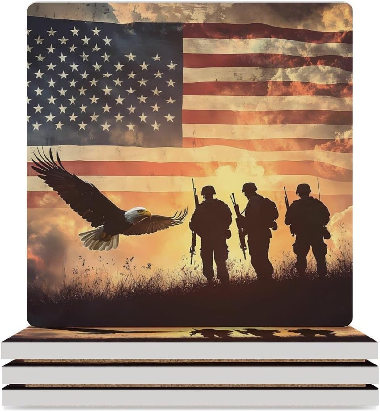 U.S. Flag Military Soldiers Funny Ceramic Coasters for Drink Absorbent Cup Holders Tabletop Protection