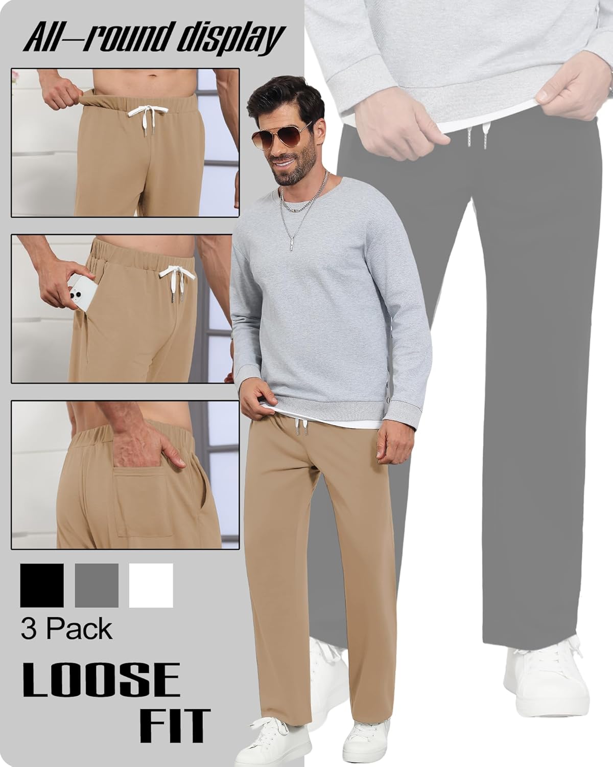 3 Pack Men's Big and Tall Baggy Sweatpants Wide Leg Drawstring Loose Athletic Workout Casual Pants with Pockets - Image 6