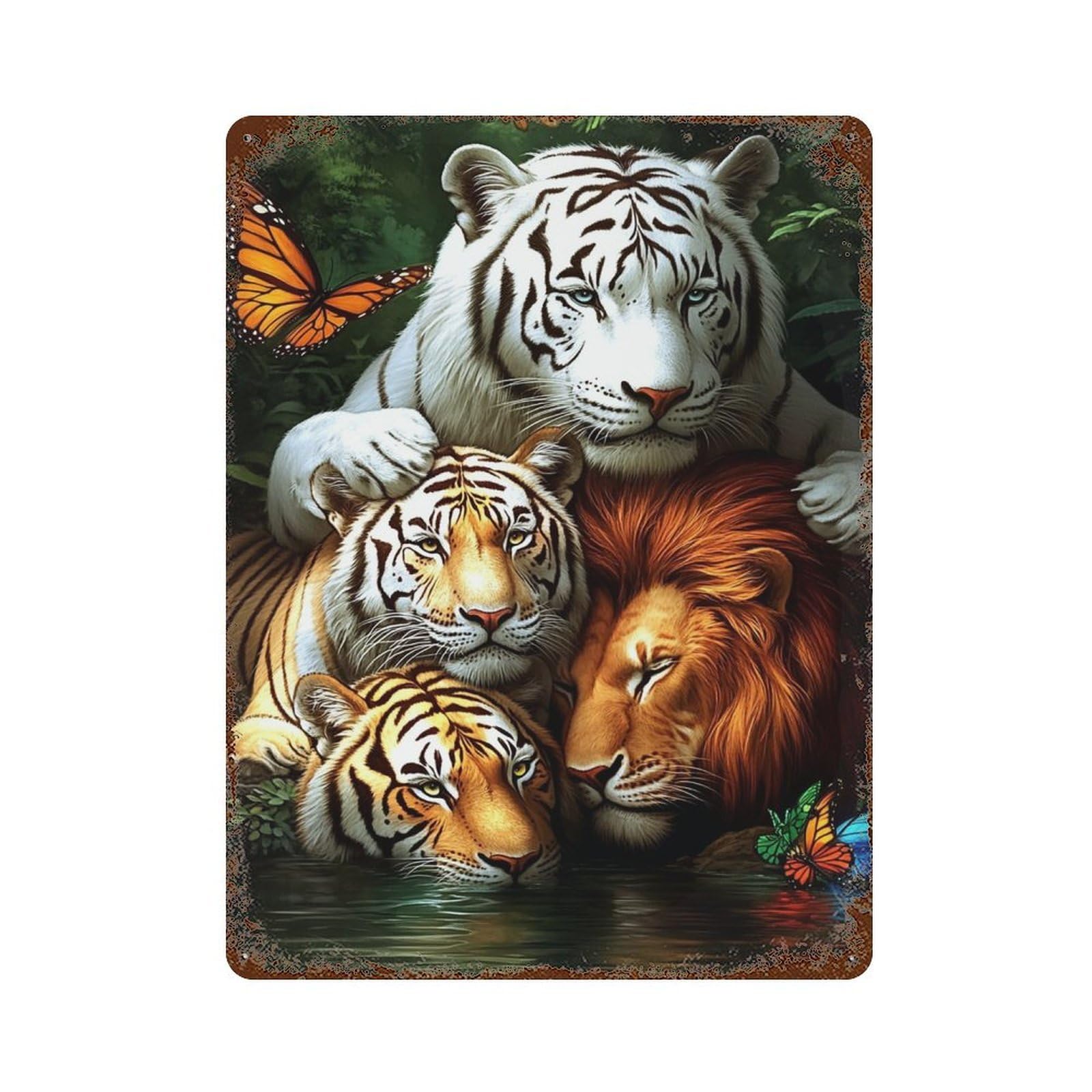Tiger Lion Butterfly Jungle-1 Rusty Metal Tin Sign 15.7"x11.8", Classic Wall Plaque for Pub, Kitchen And Man Cave Decor