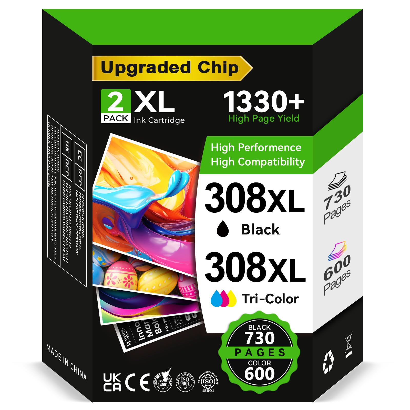 Cartuchos 308XL BK/CMY - 730/600+ Páginas, Reemplazo para Originale Tinta HP 308 Negro & Color, para HP Envy 6120e 6122e 6132e 6520e 6530e 6532e 6558e 6110e 6130e DeskJet 2910 2920 2921 2922