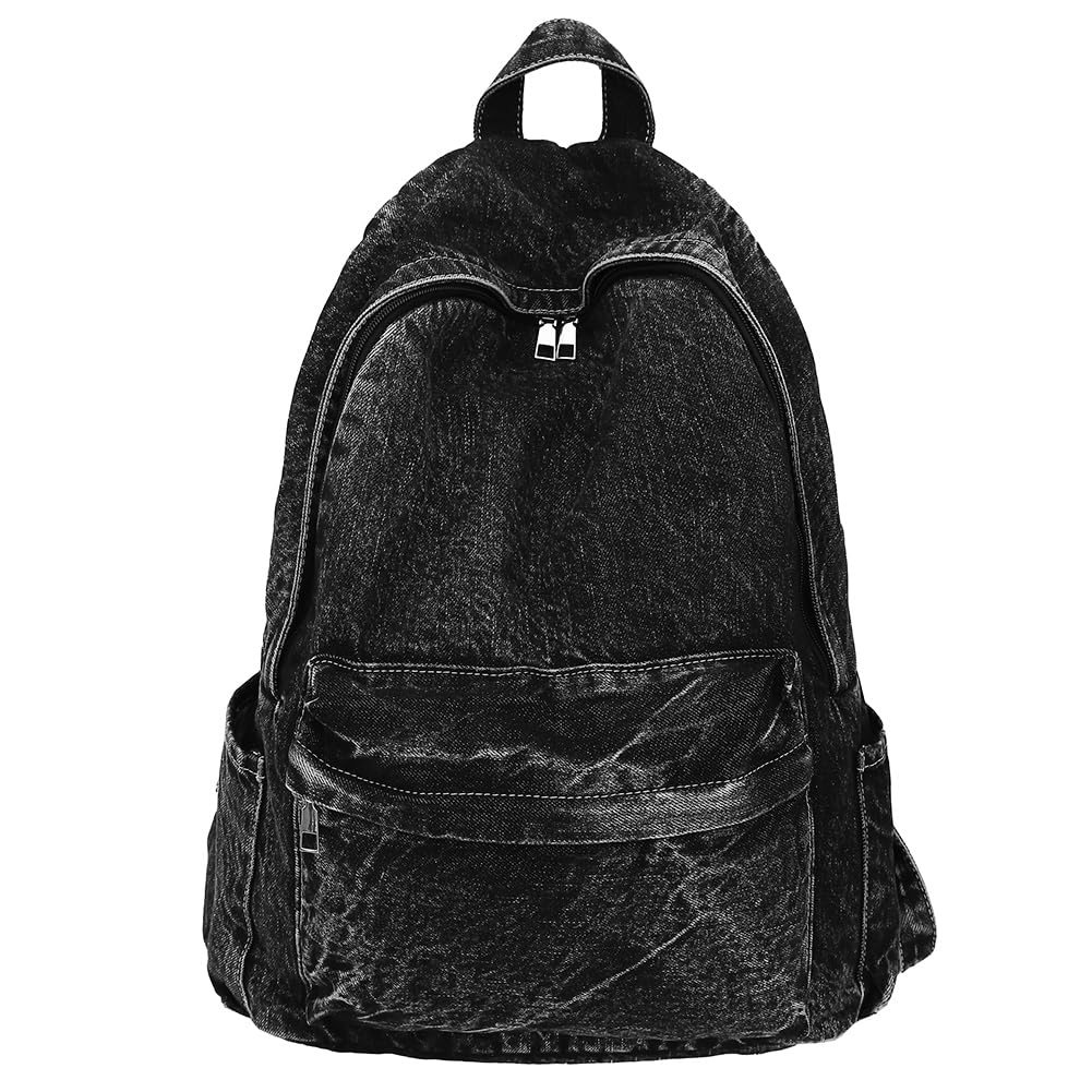 Backpack for Women Men Multi-pocket Knapsack Denim Zipper Retro Rucksack Solid Daypack Travel Gym Bag (Black)