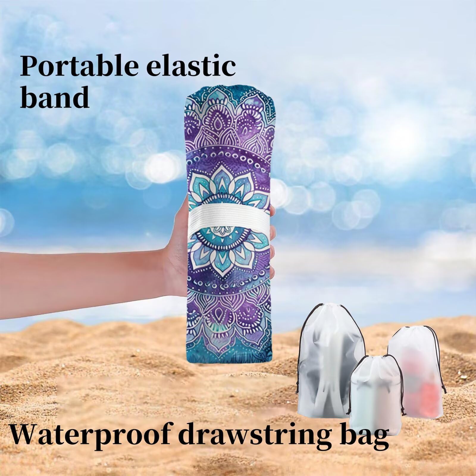 Ręcznik plażowy z mikrofibry 220 x 100 cm duży fioletowy ręcznik kąpielowy mandala mata plażowa anty piasek, ręczniki sportowe, szybkoschnące, kompaktowe i lekkie, do sportu, podróży, sauny, basenu Y1