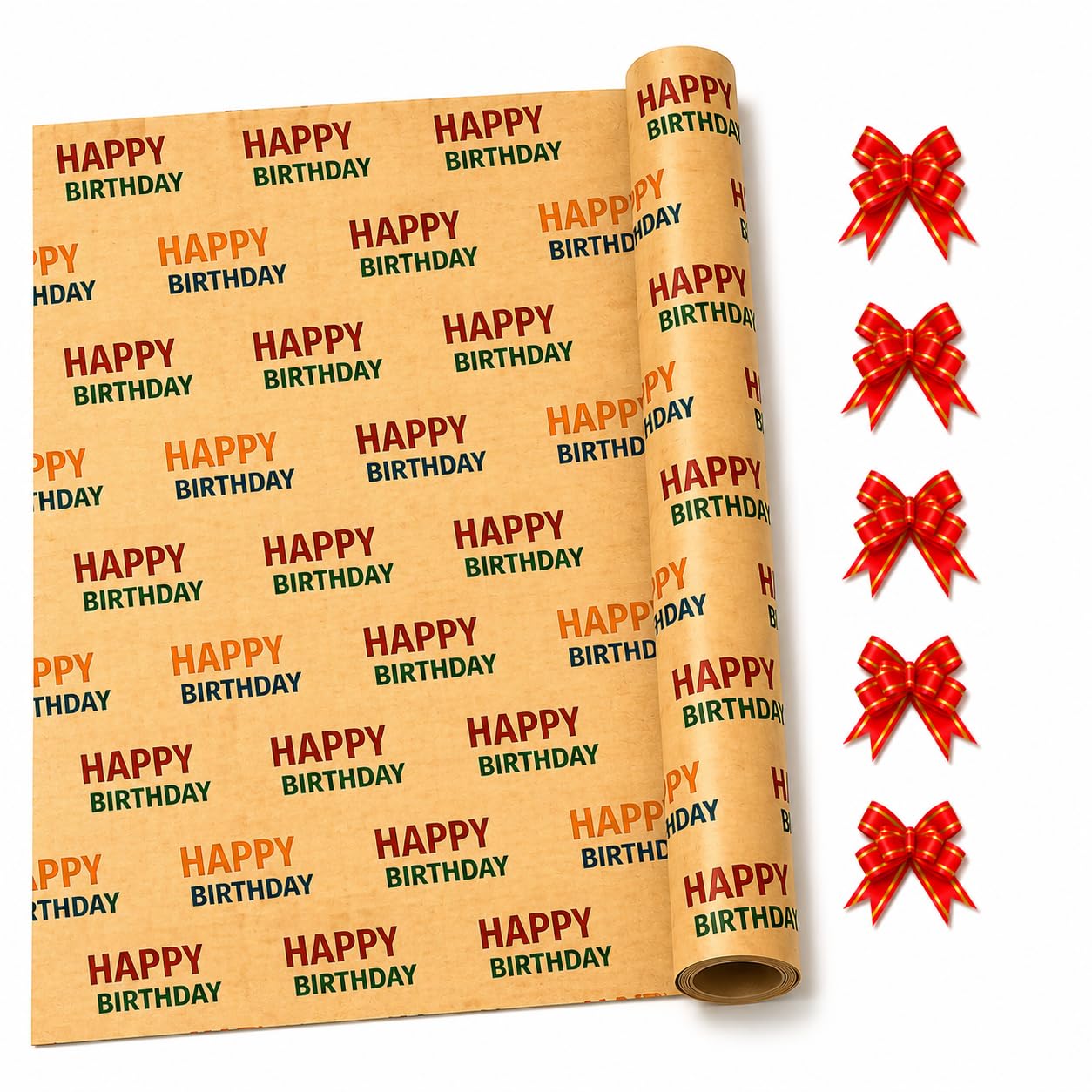 HURUC Gift Wrap Roll 43cm x 25m with 5 Bows – Happy Birthday Design, Recyclable Paper for Birthday Presents, Party & Hampers