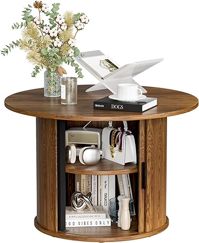 Miniatura 1 de Mesa auxiliar redonda pequeña de 27.6 pulgadas para sala de estar, mesa auxiliar acanalada de granja con almacenamiento de estante de 2 neumáticos,