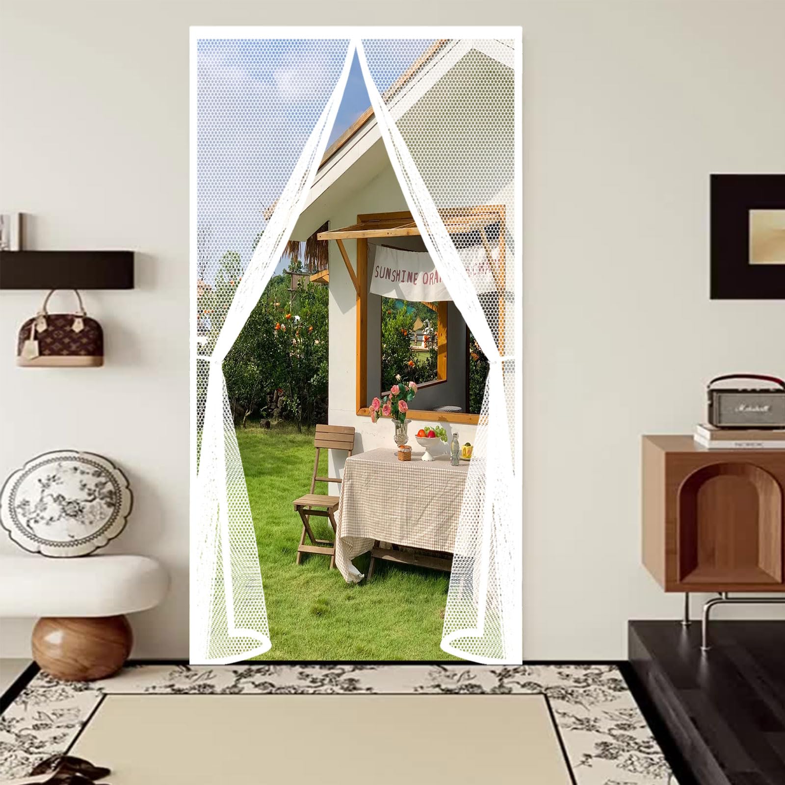 Guojun White Magnetic Screen Door 135 X 285 Cm Powerful Magnets Keep Bugs Out Lets Fresh Air In Screen Mesh Curtain Hands Free No Drill Installation For Patio Bedroom Sliding Kitchen,