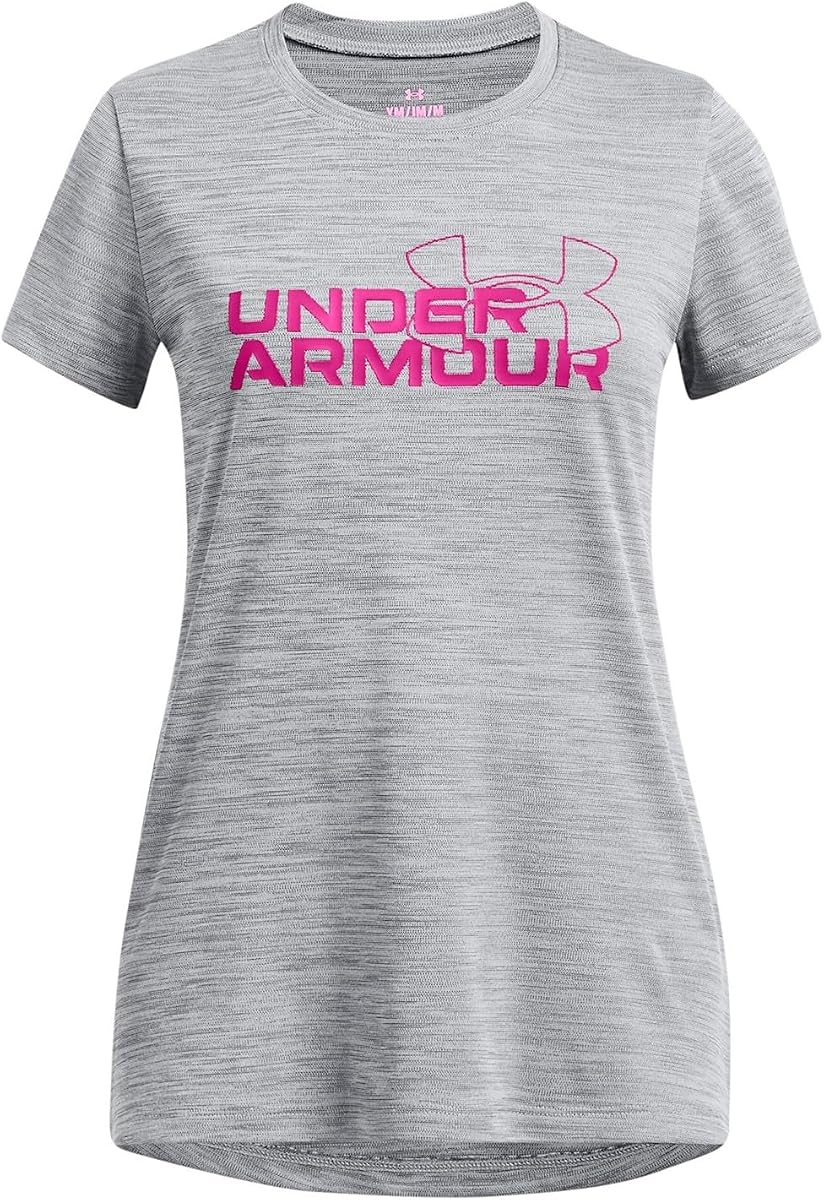 Under Armour Girls' Tech Twist Wordmark Logo Short Sleeve T Shirt, (001) Black / / Rebel Pink, Medium