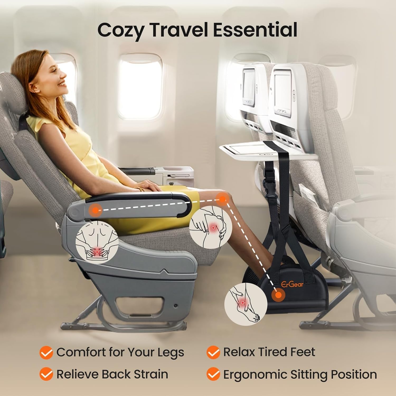 ErGear Airplane Foot Hammock with Wide Hardboard Support, Foot Hammock for Plane Travel with Extended Adjustment Strap, Portable Airplane Foot Rest Travel Essentials for Long Flight - Image 2