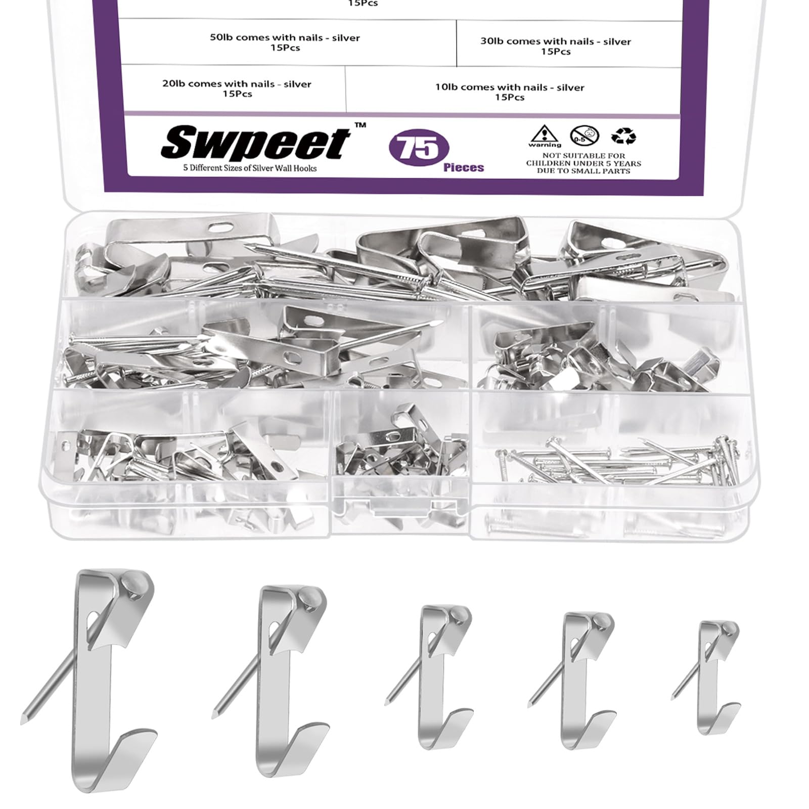 Swpeet 75 pieces, 5 sizes, 10 lb/20 lb/30 lb/50 lb/100 lb silver picture hangers with nail assortment kit, metal picture hanging hooks, high-performance frame picture hooks, picture hanging hardware