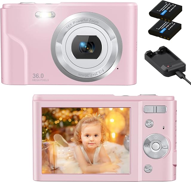 Digital Camera for Kids Boys and Girls - 36MP Vlogging Camera Compact Camera 2,4 Zoll, Full HD 1080P Rechargeable Electronic Mini Camera for Students, Teens, Kids (PINK)