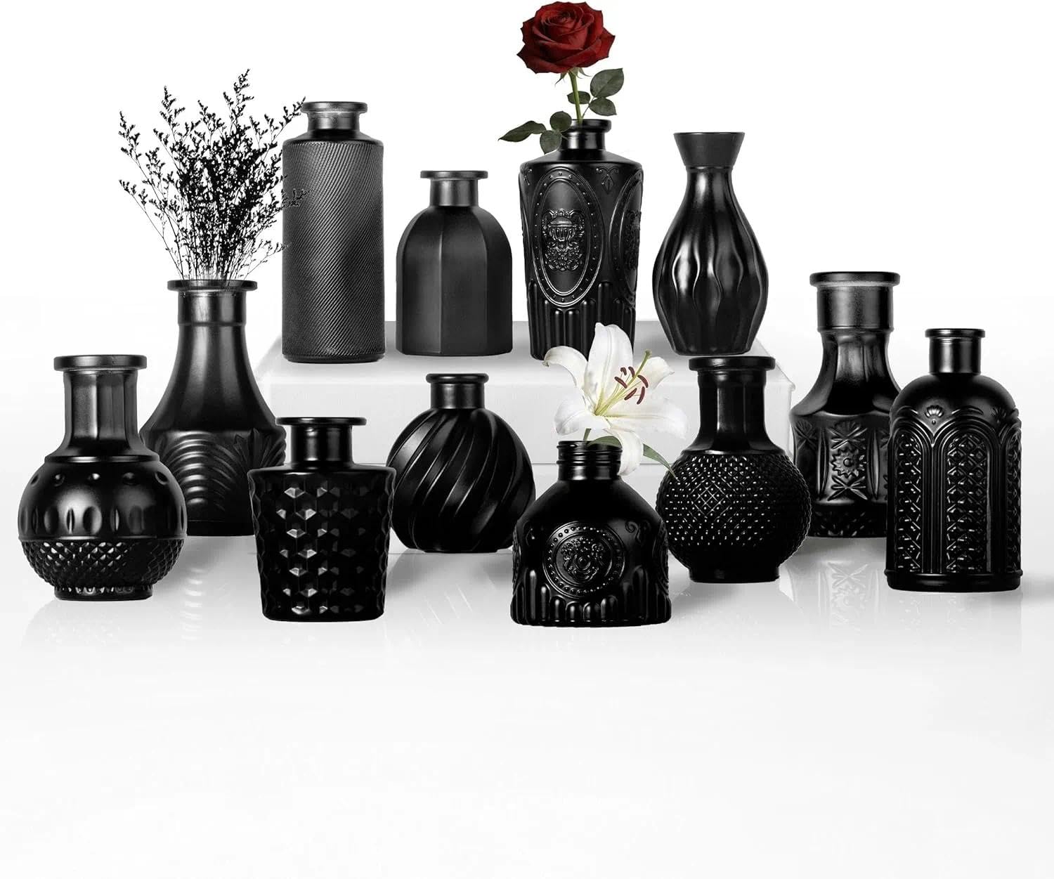 Sawoake Glass Bud Vase Set, Matt Black, 12 PCS, Vintage Style with Structure Pattern, for Flowers and Home Decoration (Matt Black, 12 PCS)