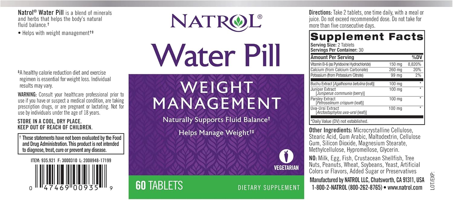 Natrol Water Pill Tablets, 60 Count : Health & Household